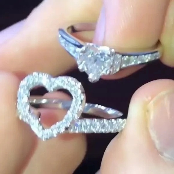 New Luxury  925 Silver Heart Sapphire Wedding 2 pc Set Ring - Picture 3 of 9